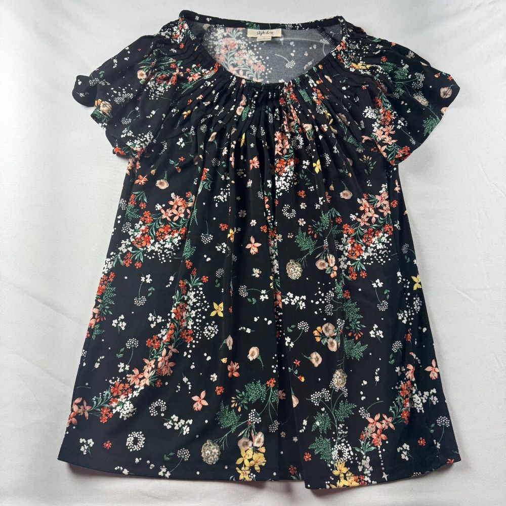 Style & Co Womens Small Black Floral Pleated Neck Short Sleeve Blouse Top